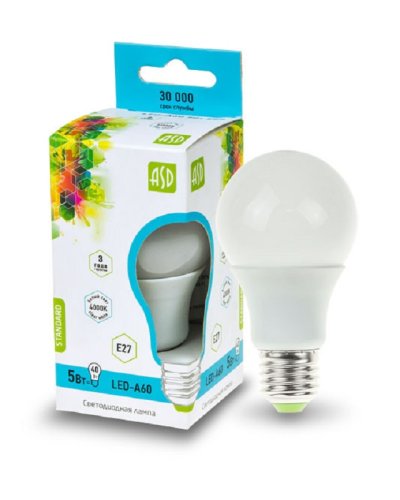 Лампа светодиодная ASD Standart A60 Груша E27 220В 5Вт 450Лм 4000К 60х108мм картинка 